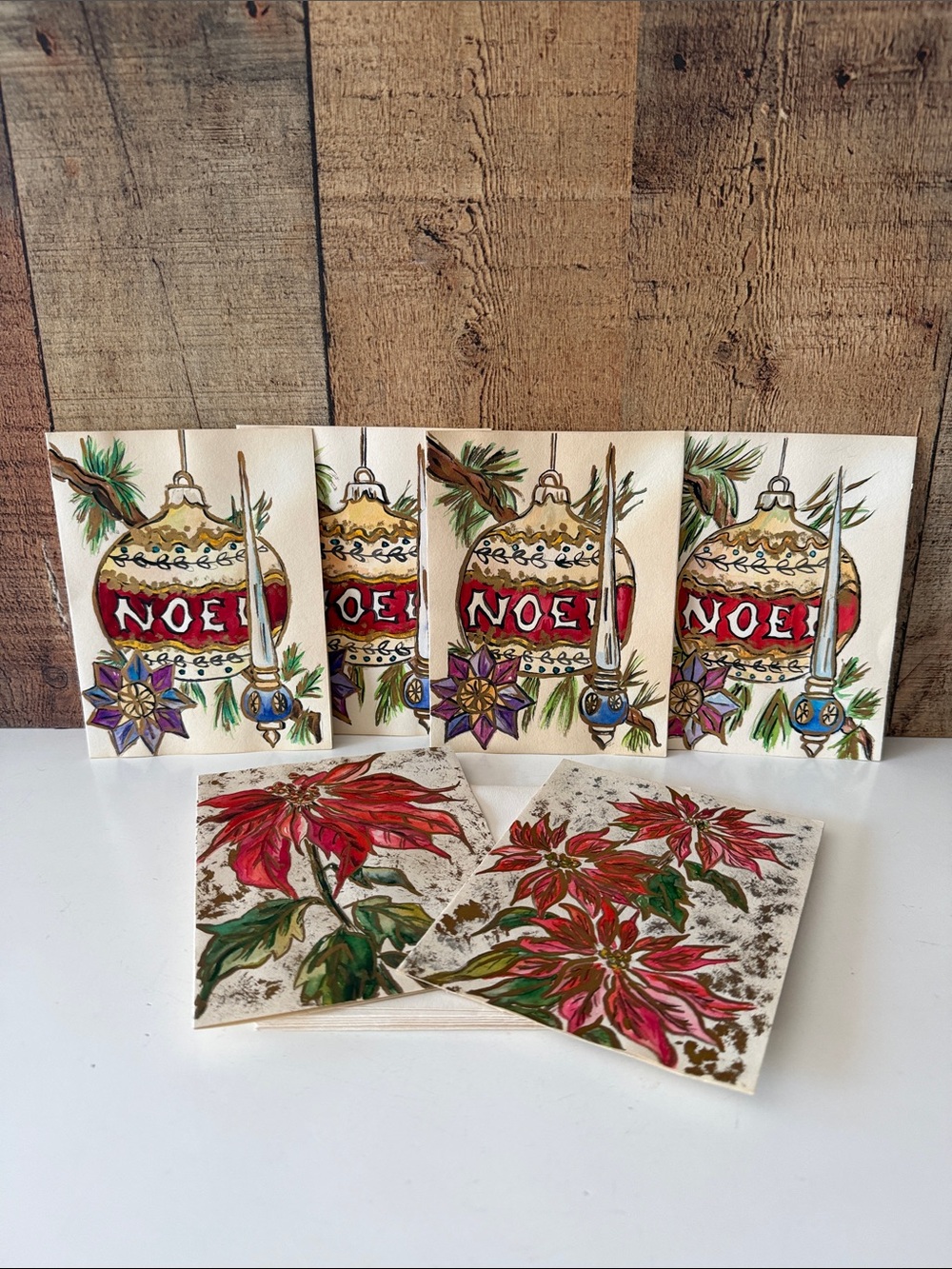 Vintage Handdrawn Noel & Poinsettia Art Greeting Cards - Set of 6
